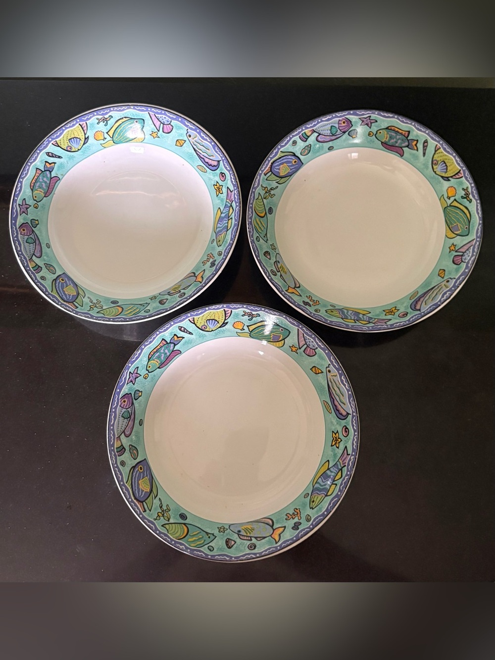 3 Vintage 96 Sakura Caribbean Wave Soup Cereal Bowl Ocean Fish By Sue Zipkin